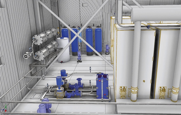 View of the planned supply of cooling water (front), the gas treatment system...