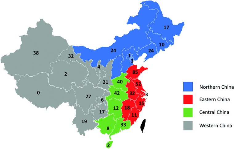 Number of chemical parks in China by province, 2018 (source: CPCIF)