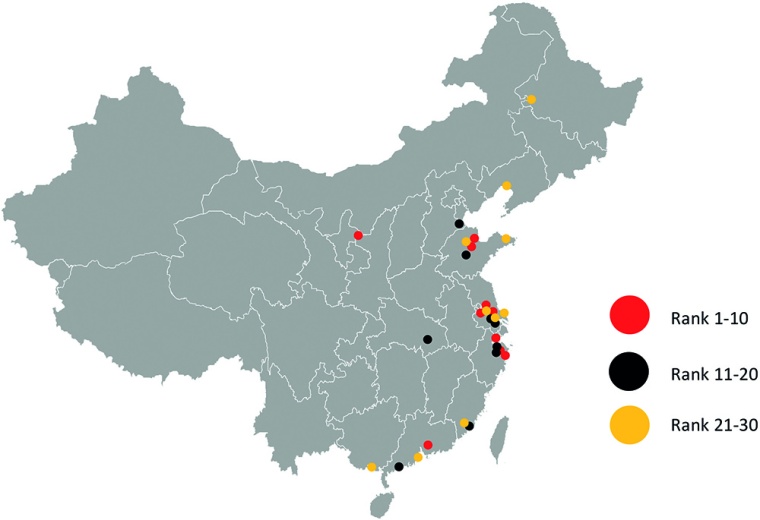 Location of 30 top-ranked chemical parks in China (approximate location only)...